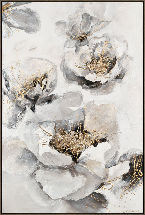 The painting "Melody of Flowers" is a vertical floral abstraction in gray and white tones.
