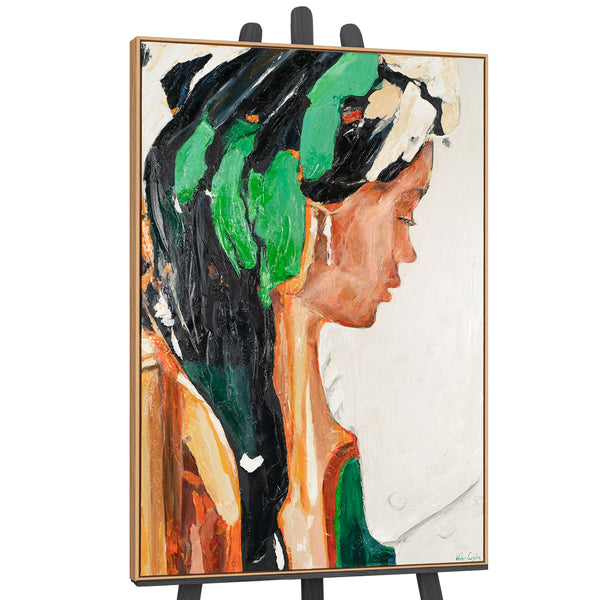 The painting "Mysterious Profile" is a portrait abstraction in rich colors