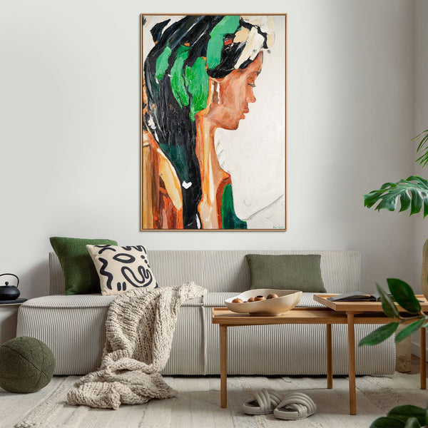 The painting "Mysterious Profile" is a portrait abstraction in rich colors
