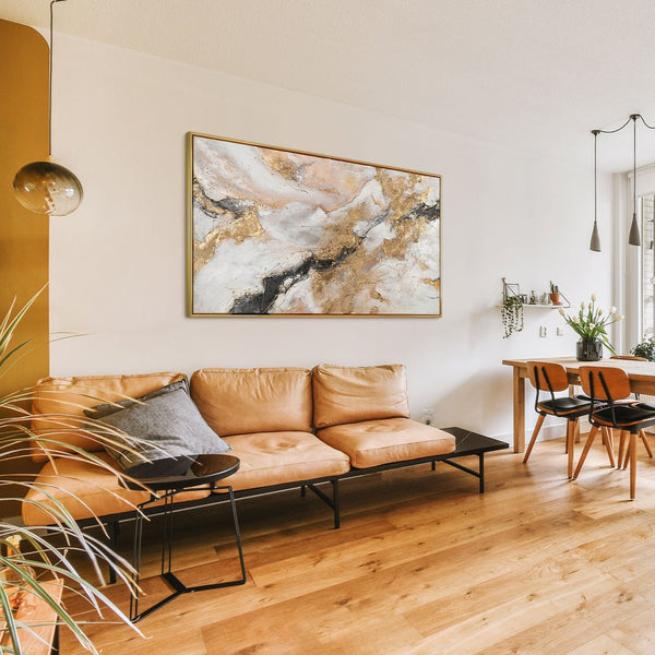 The painting "Breath of the Canyon" is a horizontal abstraction with a marble effect