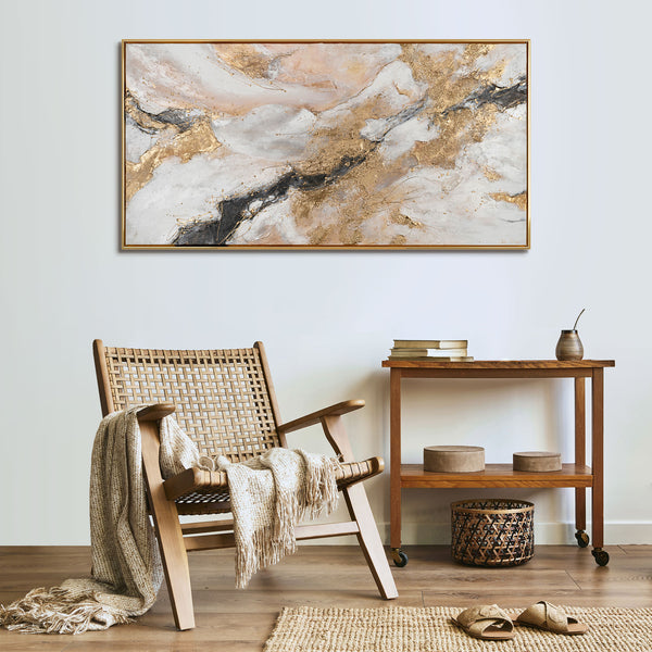 The painting "Breath of the Canyon" is a horizontal abstraction with a marble effect