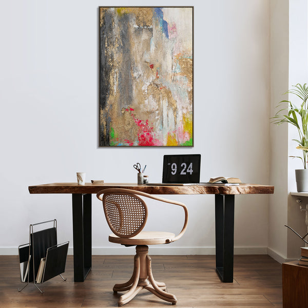 The painting "Fragments of Consciousness" is a vertical abstraction with bright accents