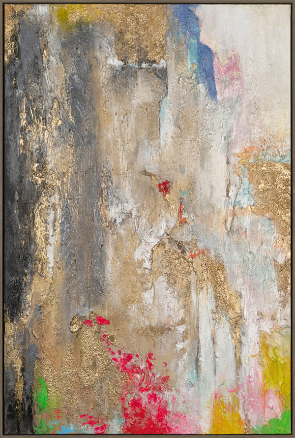 The painting "Fragments of Consciousness" is a vertical abstraction with bright accents