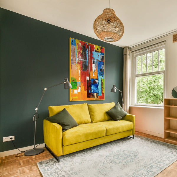 The painting "Color Codes" is a vertical abstraction in an urban style