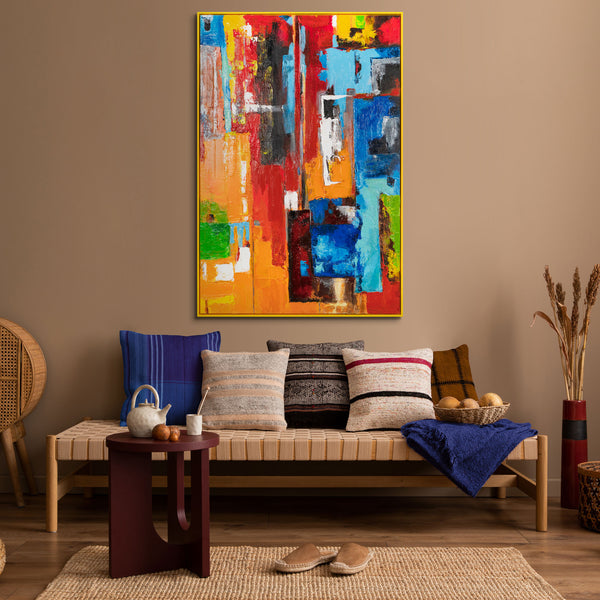 The painting "Color Codes" is a vertical abstraction in an urban style