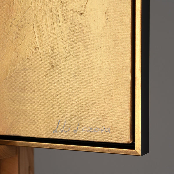 The painting "Golden Touch" is a vertical abstraction with a warm glow