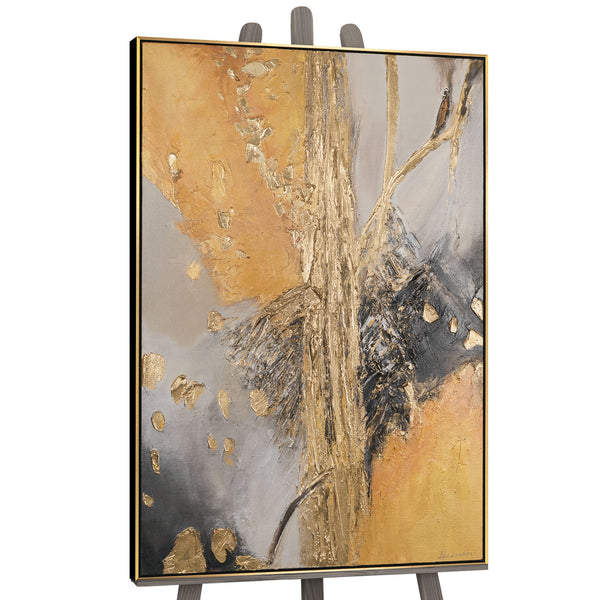 The painting "Golden Touch" is a vertical abstraction with a warm glow