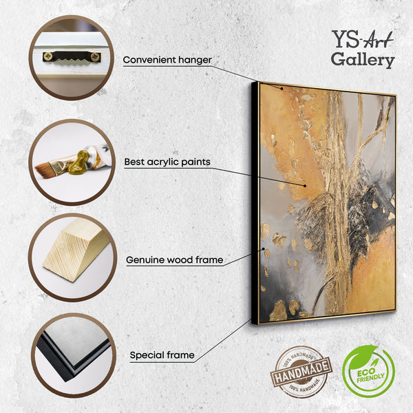 The painting "Golden Touch" is a vertical abstraction with a warm glow