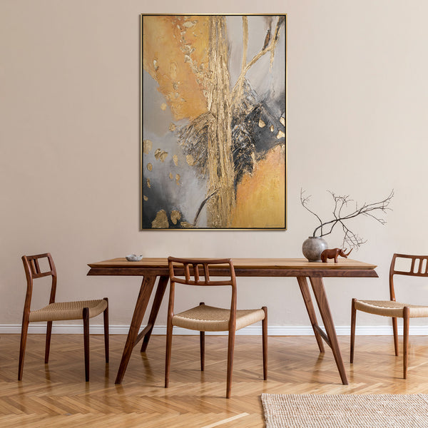 The painting "Golden Touch" is a vertical abstraction with a warm glow