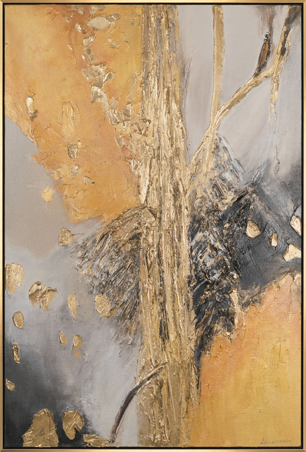 The painting "Golden Touch" is a vertical abstraction with a warm glow