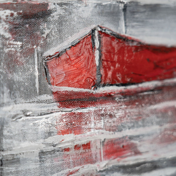 The painting "Red Boats in the Fog" is a horizontal marina with bright accents