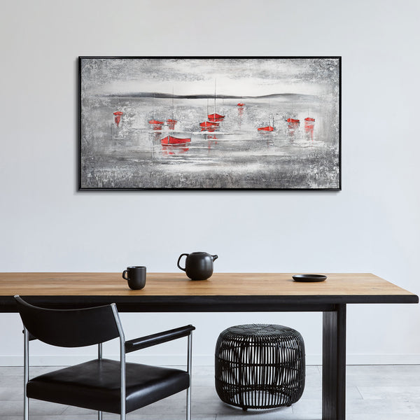 The painting "Red Boats in the Fog" is a horizontal marina with bright accents