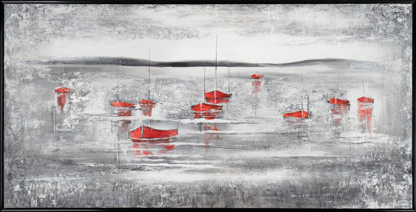 The painting "Red Boats in the Fog" is a horizontal marina with bright accents