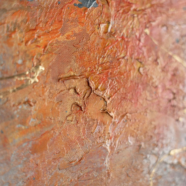 The painting "Wave of Warmth" is an expressive abstraction in a fiery-earthy palette.