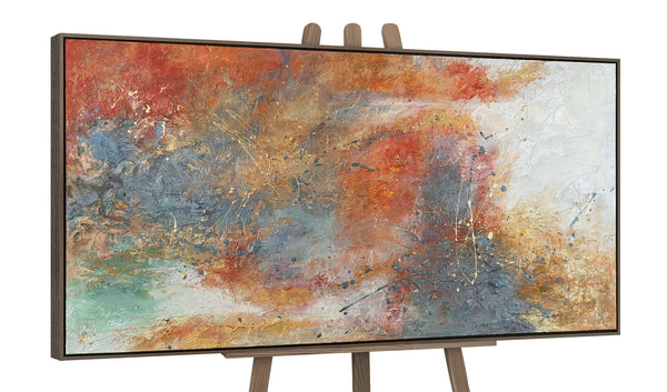 The painting "Wave of Warmth" is an expressive abstraction in a fiery-earthy palette.