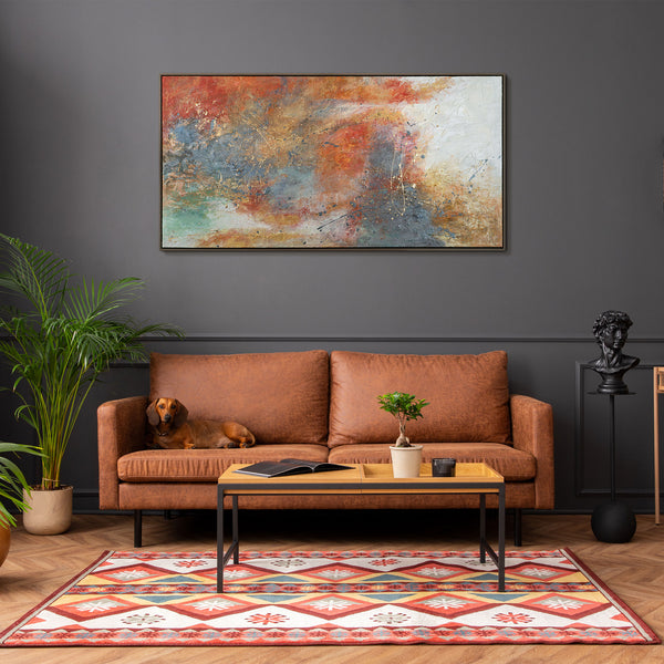 The painting "Wave of Warmth" is an expressive abstraction in a fiery-earthy palette.