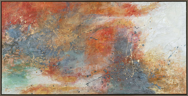 The painting "Wave of Warmth" is an expressive abstraction in a fiery-earthy palette.