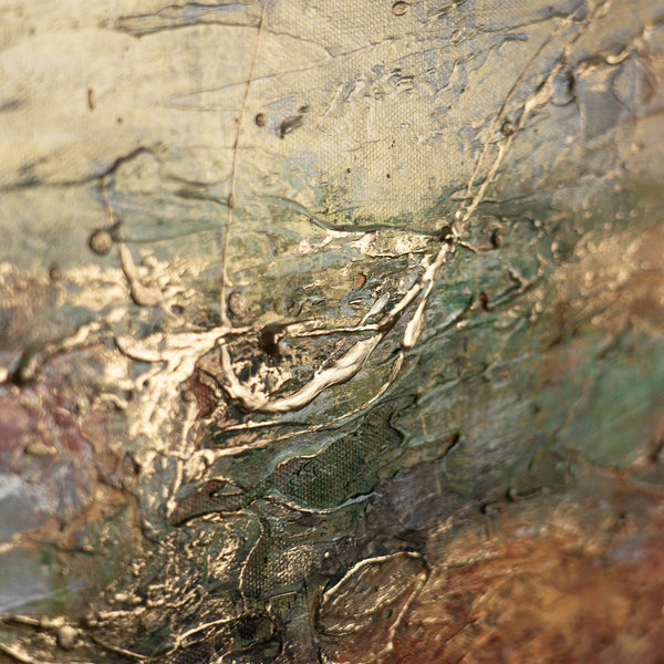 The painting "Pulsation of the Earth" is a horizontal abstraction with a fiery-clay palette