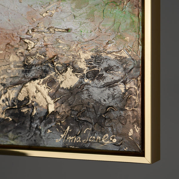The painting "Pulsation of the Earth" is a horizontal abstraction with a fiery-clay palette