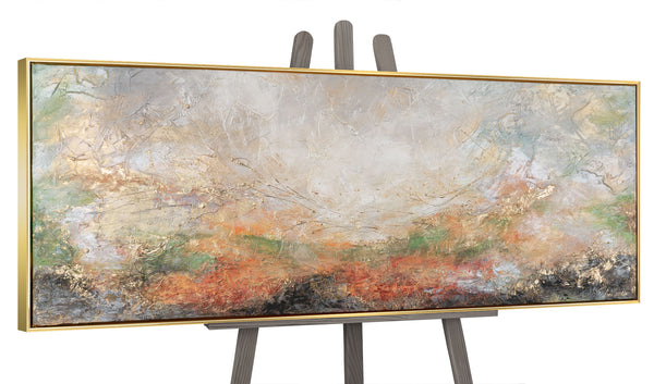 The painting "Pulsation of the Earth" is a horizontal abstraction with a fiery-clay palette