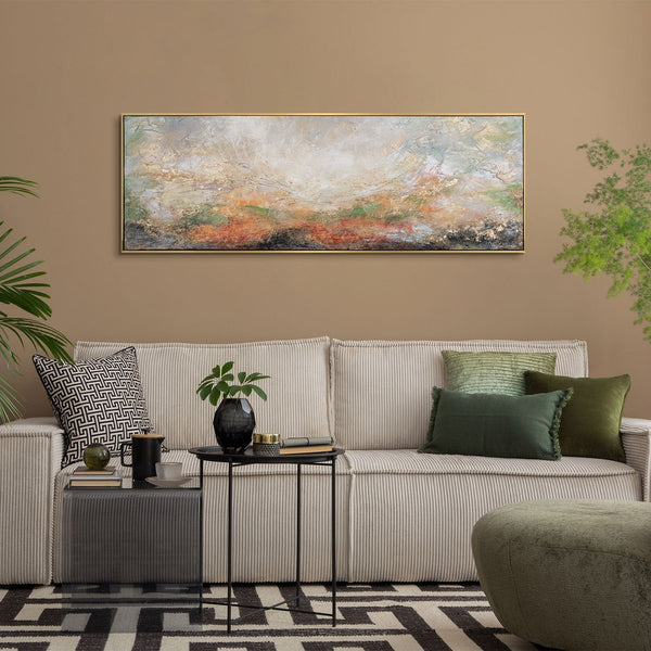 The painting "Pulsation of the Earth" is a horizontal abstraction with a fiery-clay palette