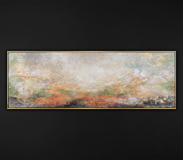 The painting "Pulsation of the Earth" is a horizontal abstraction with a fiery-clay palette