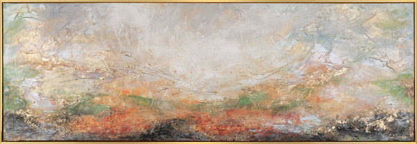 The painting "Pulsation of the Earth" is a horizontal abstraction with a fiery-clay palette