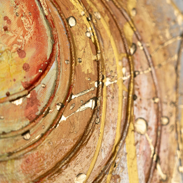 The painting "Circle of Energy" is a horizontal abstraction with the dynamics of gold and ocher