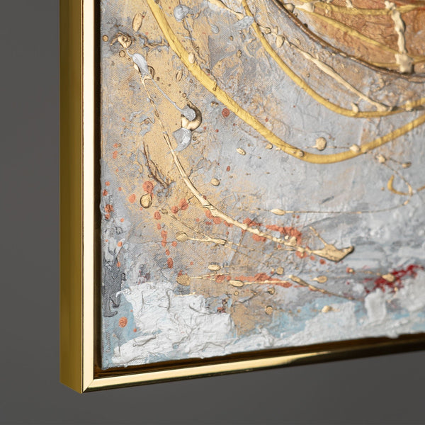 The painting "Circle of Energy" is a horizontal abstraction with the dynamics of gold and ocher