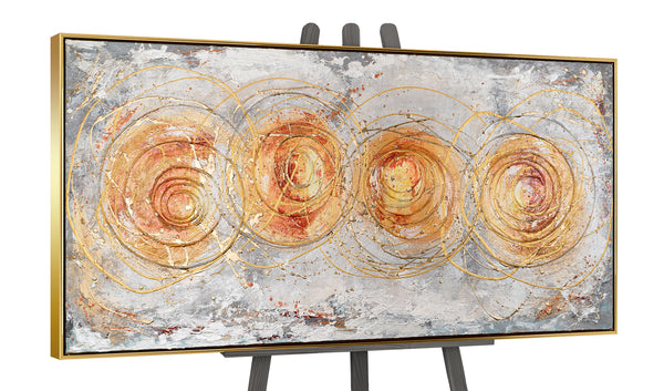 The painting "Circle of Energy" is a horizontal abstraction with the dynamics of gold and ocher