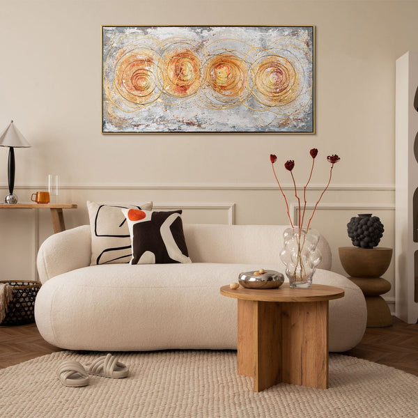 The painting "Circle of Energy" is a horizontal abstraction with the dynamics of gold and ocher