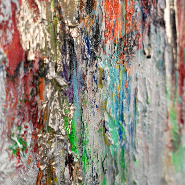 The painting "Echo of Colors" is a vertical abstraction with bright accents