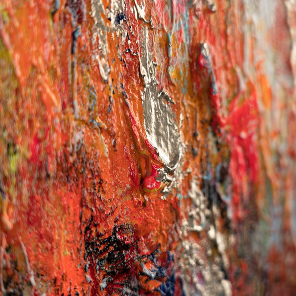 The painting "Echo of Colors" is a vertical abstraction with bright accents