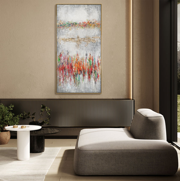 The painting "Echo of Colors" is a vertical abstraction with bright accents