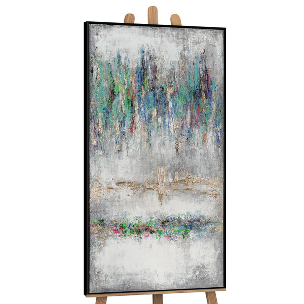 The painting "Mirror of Emotions" is a vertical abstraction with bright contrast