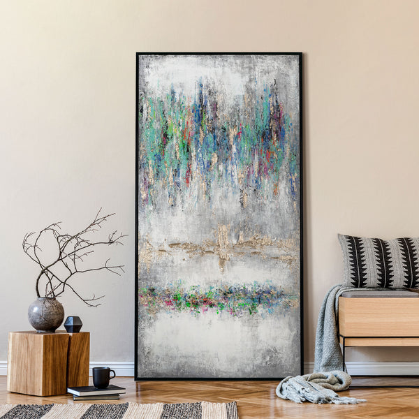 The painting "Mirror of Emotions" is a vertical abstraction with bright contrast