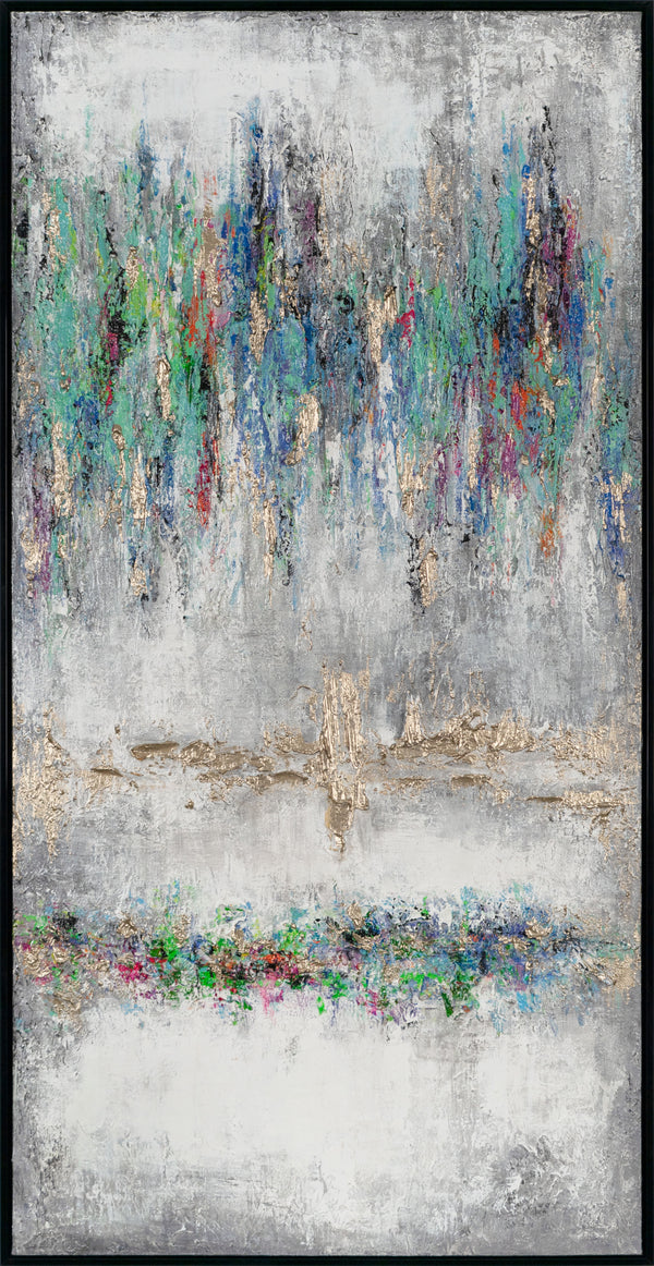 The painting "Mirror of Emotions" is a vertical abstraction with bright contrast