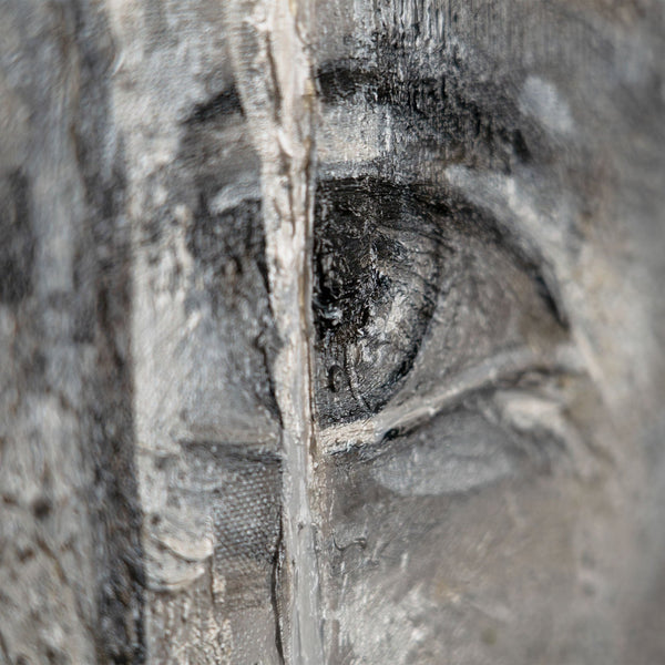 The painting "Eyes from the Fog" is a vertical portrait in a restrained gray scale