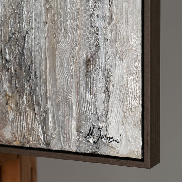 The painting "Eyes from the Fog" is a vertical portrait in a restrained gray scale