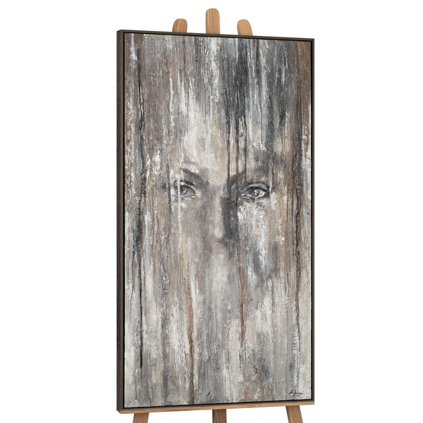 The painting "Eyes from the Fog" is a vertical portrait in a restrained gray scale