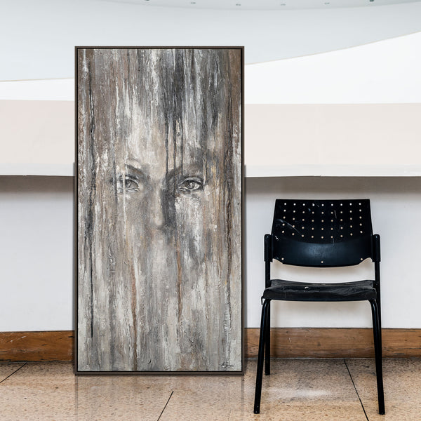 The painting "Eyes from the Fog" is a vertical portrait in a restrained gray scale