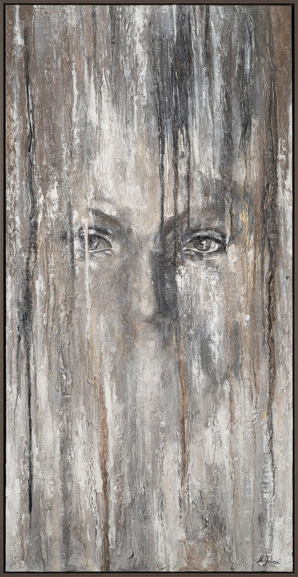 The painting "Eyes from the Fog" is a vertical portrait in a restrained gray scale
