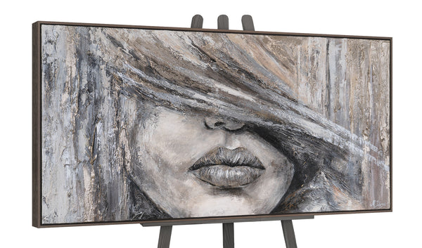 The painting "Female Portrait in the Shadow" is a horizontal composition in a silver-beige palette