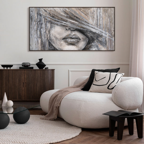 The painting "Female Portrait in the Shadow" is a horizontal composition in a silver-beige palette