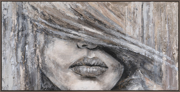 The painting "Female Portrait in the Shadow" is a horizontal composition in a silver-beige palette