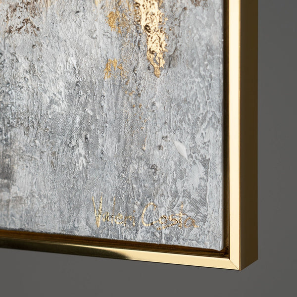 The painting "Golden Silence" is a horizontal abstraction with a metallic sheen