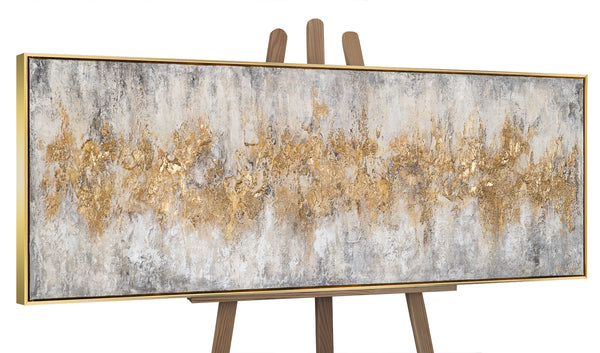 The painting "Golden Silence" is a horizontal abstraction with a metallic sheen