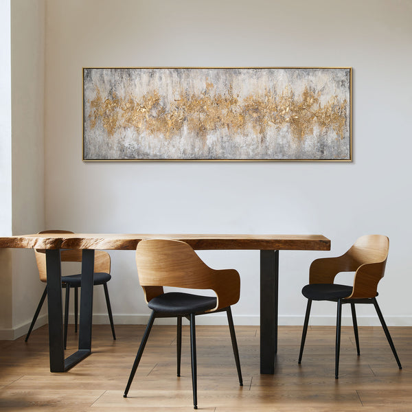 The painting "Golden Silence" is a horizontal abstraction with a metallic sheen