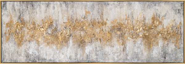 The painting "Golden Silence" is a horizontal abstraction with a metallic sheen