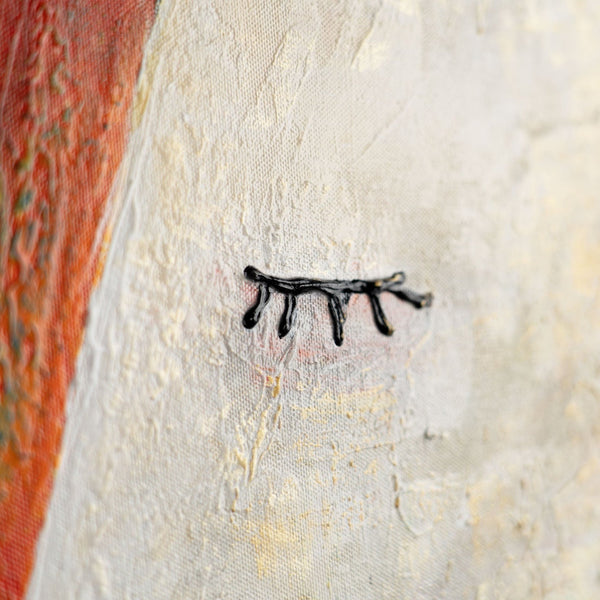 The painting "Silent Presence" is a vertical abstraction with figures of faces